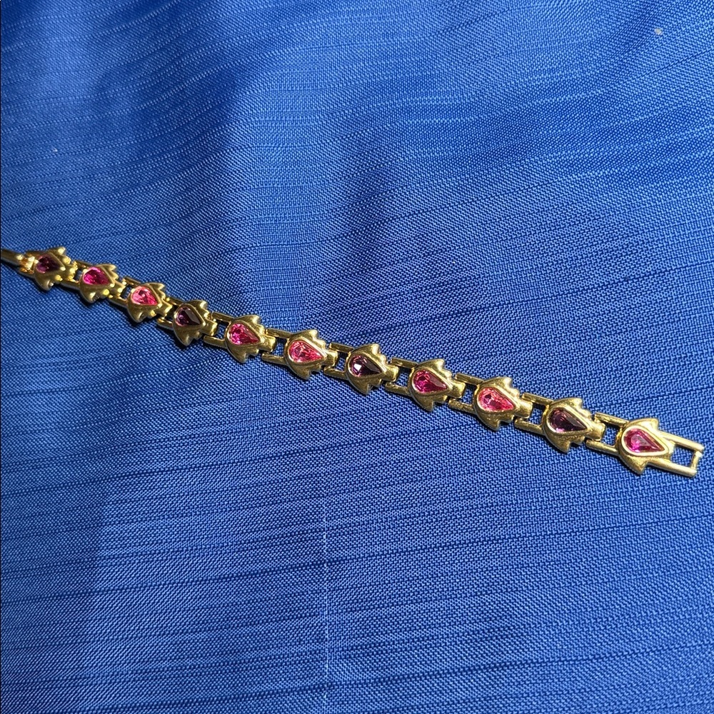 RARE 80's Swan Swarovski Gold Tennis 7.5" Bracelet Pink Purple Teardrop Crystals - Picture 5 of 9